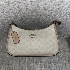 Coach Cream and Tan Signature Shoulder Bag